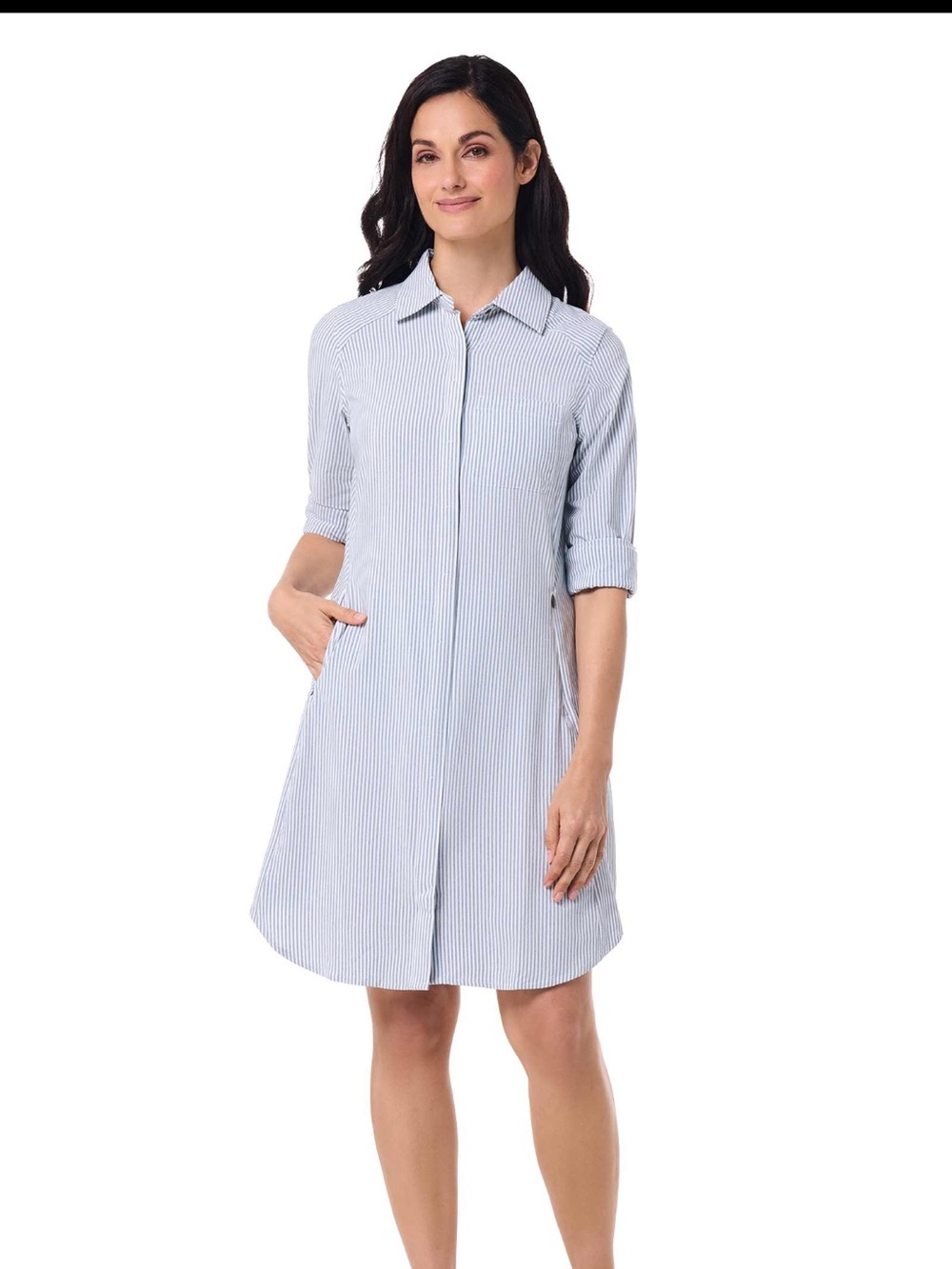 Coolibar Blue and White Pinstripe Shirt Dress Coverup